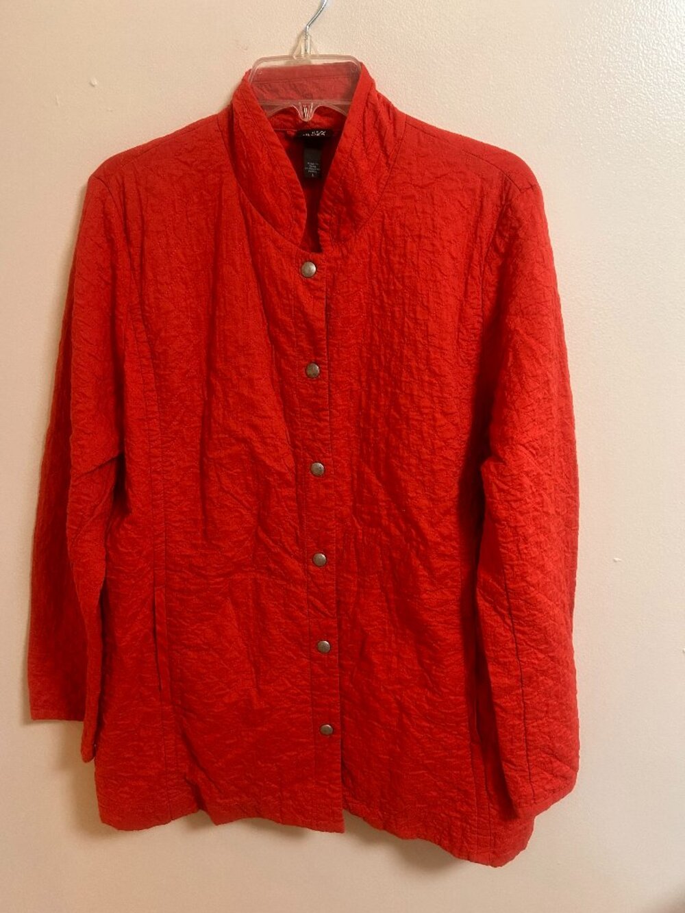 Eileen Fisher Organic Cotton Crinkled Texture Red Mandarin Collar Jacket Large